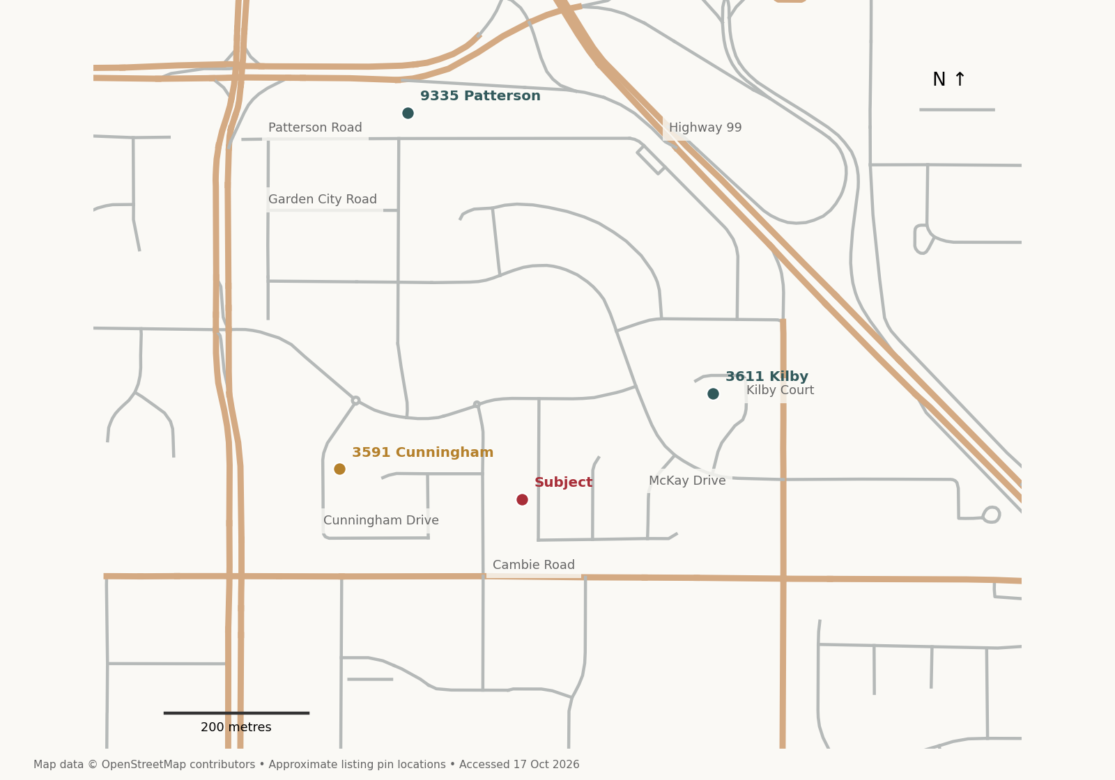 Local map showing McKay Drive, Cambie Road, Highway 99 and selected comparables